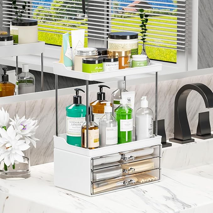SuoXing Acrylic Makeup Organizer for Bathroom,Vanity,Countertop,14.4" Tall Large Skincare Organizers and Storage for Dresser,Bedroom,Face Product,Lotion,Cosmetic,Beauty,Drawer Perfume Organizer,White