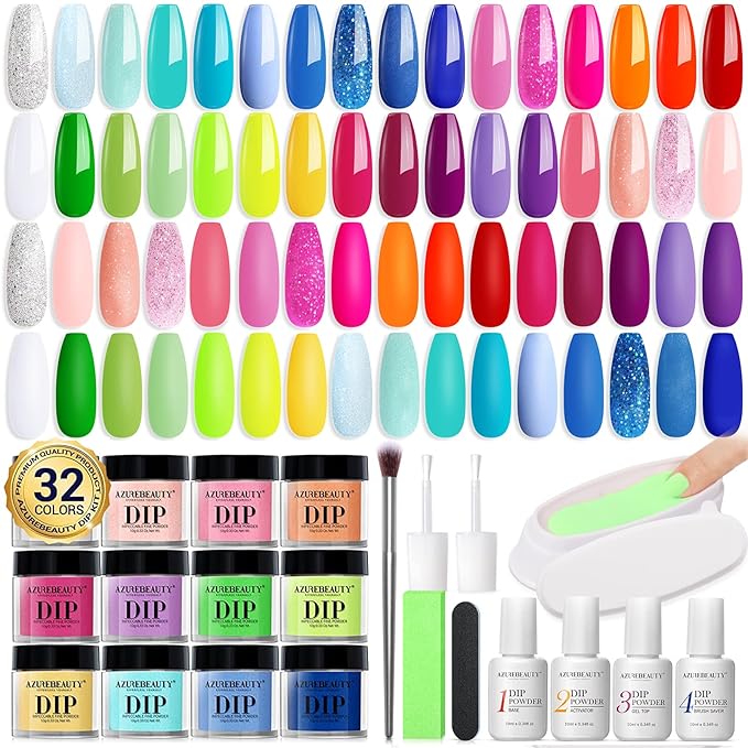 AZUREBEAUTY Spring Summer Bright Pastel Neon Color 42 Pcs Dip Powder Nail Kit, Pink Yellow Purple Mint Green Color Dip Nails Powder Starter Set with Essential Liquid Recycling Tray Nail Manicure