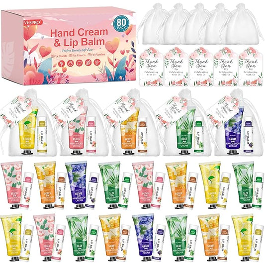 80 Sets Bulk Hand Cream and Bulk Lip Balm Gifts, Bridesmaid Gifts, Baby Shower Party Favors and Bridal Shower Gifts for Guests with Thank You Card Organza Bags, Thank You Gifts for Coworkers Women