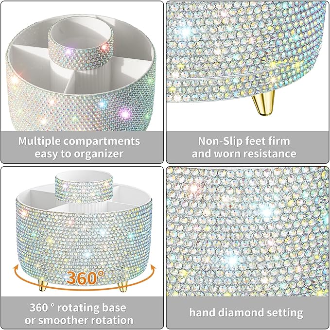 Bling 360° Rotate Makeup Brush Holder Organizer, Makeup Organizers Countertop, Makeup organization and Skincare Storage for Vanity, Gift for Women Girls (Bling dz-White AB)