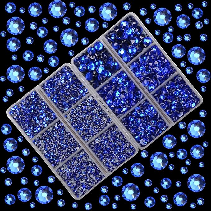 10000Pcs 2-Boxes Mixed Size Hot Fix Round Crystals Gems Glass Stones Hotfix Flat Back Rhinestones with Tweezers and Picking Pencil (Sapphire)