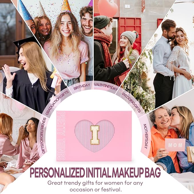 2 PCS Initial Makeup Bags for Women: Cosmetic Bag for Travel Toiletry - Birthday Gifts for 11 12 13 14 15 16 17 18 Years Old Girl Graduation Teacher Gift- Teen Girl Gifts Trendy Stuff - Pink I