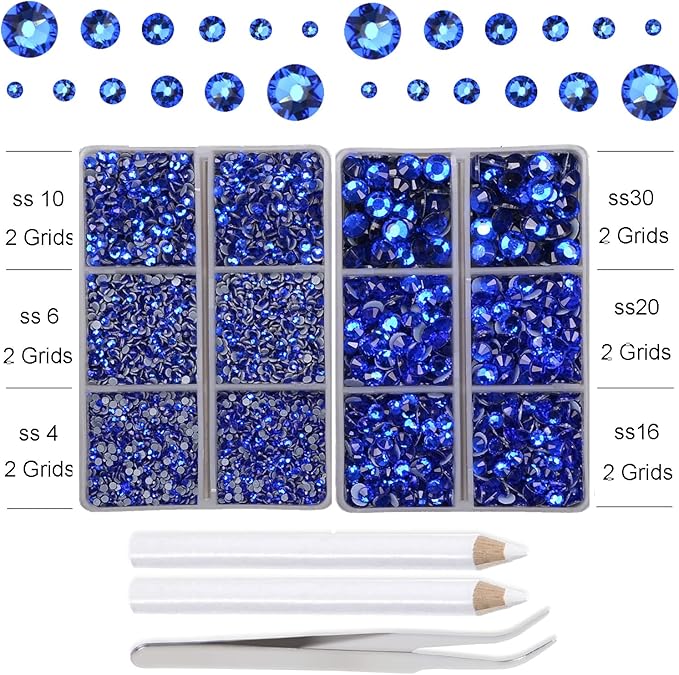 10000Pcs 2-Boxes Mixed Size Hot Fix Round Crystals Gems Glass Stones Hotfix Flat Back Rhinestones with Tweezers and Picking Pencil (Sapphire)