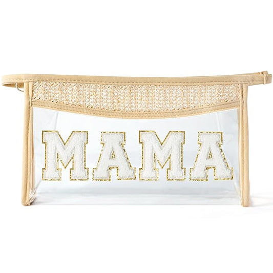 Mother's Day Cosmetic Bag - Summer Boho Patch MAMA Chenille Varsity Letter Makeup Bag Clear Waterproof Travel Toiletry Kit Zipper Clutch Daily Use Purse Gift for Mom Women Ladies Wife
