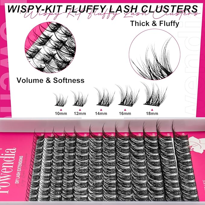 Lash Clusters Kit Fluffy Individual Lashes D Curl Cluster Eyelash Extensions 10-18mm DIY Lash Extension Kit Lash Bond and Seal Waterproof, Lash Applicator, Wispy-Kit