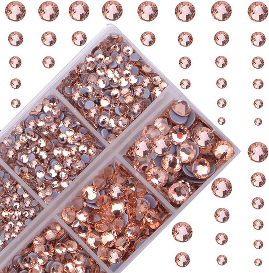 10000Pcs 2-Boxes Mixed Size Hot Fix Round Crystals Gems Glass Stones Hotfix Flat Back Rhinestones with Tweezers and Picking Pencil (Champagne)