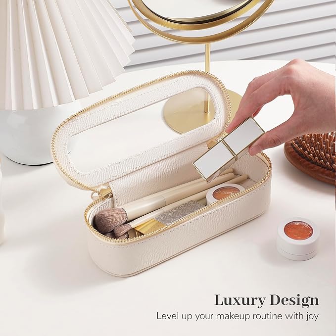 Aveniee Slim Clear Makeup Brush Bag, Small Cosmetic Brush Holder, Mini Travel Toiletry Case for Women, Thin Make up Organizer with Dual Zipper for Travel Essentials - White