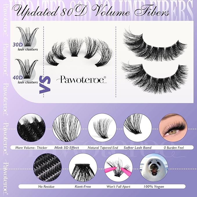 Pawotence Lash Clusters Full 80D Individual Lashes Cluster Eyelash Extensions 10-20mm Mix Eyelash Clusters 240pcs Lash Extension for Self Application (Mink 80D, 0.07D, 10-20mm)