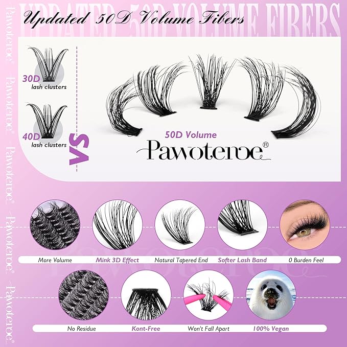Pawotence Lash Extension Kit DIY Individual Lash Clusters Kit Full 50D with Lash Bond and Seal and Lash Applicator, 9-16mm Clusters Eyelash Extension Kit at Home (Full 50D, 9-16mm, Kit)