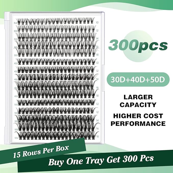 Lash Clusters 300pcs Eyelash Clusters 30D+40D+50D 0.07D Curl 10-18MIX DIY Eyelash Extension KEYYOU Large Tray Volume Soft&Natural Individual Lashes(30D40D50D-0.07D,10-18MIX）