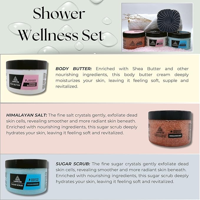 LANTA DS- 4 in 1 Shower Wellness Set - Silicone Body Scrubber/Sugar Scrub/Himalayan Salt Scrub/Body Butter/Exfoliating Pack - All Skin Types - Self Care Shower Brush