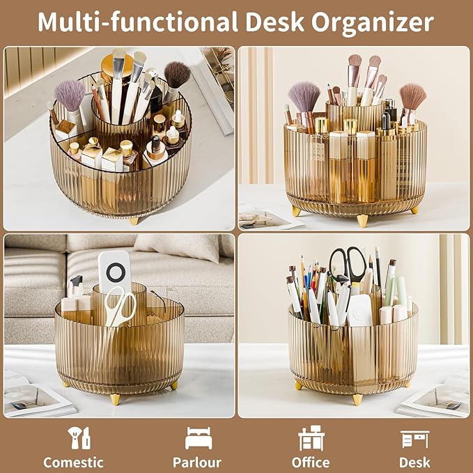 360° Rotate Makeup Brush Holder Organizer, Makeup Organizers Countertop, Makeup organization and Skincare Storage for Vanity, Desktop, Bathroom (Clear Amber)
