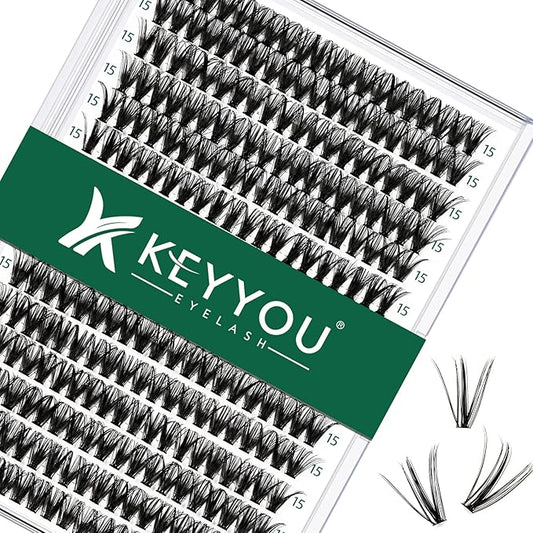 Lash Clusters 300pcs Individual Lashes 40D 0.07C Curl 15mm DIY Eyelash Extension KEYYOU Large Tray Volume Soft&Natural Cluster Lashes(40D-0.07C,15）