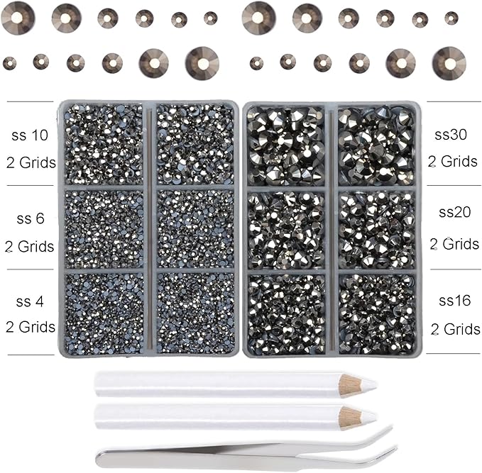 10000Pcs 2-Boxes Mixed Size Hot Fix Round Crystals Gems Glass Stones Hotfix Flat Back Rhinestones with Tweezers and Picking Pencil (Silver Flare)