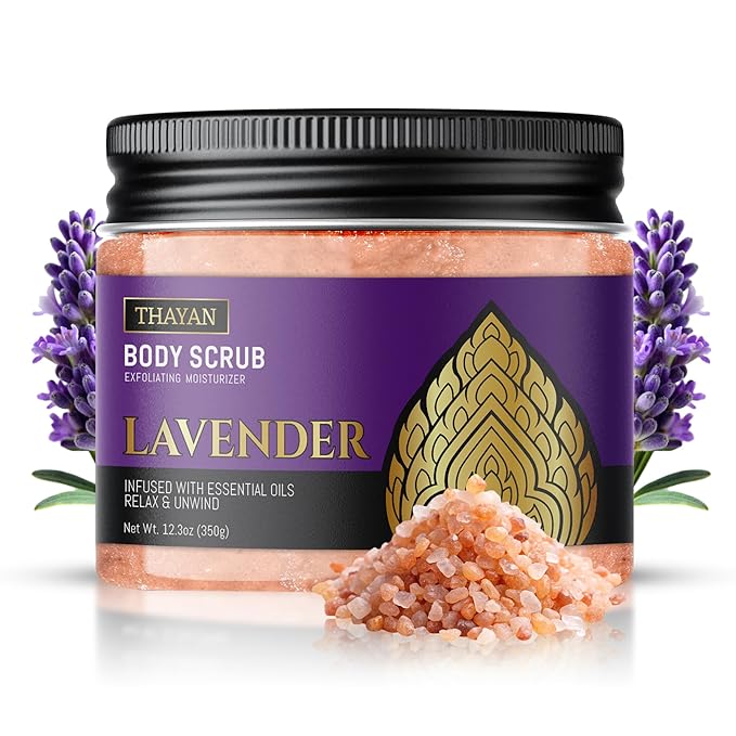 Himalayan Salt Scrub – Exfoliating Face, Foot & Body Scrub with Jojoba, Grapeseed & Essential Oils – Deep Cleansing, Collagen-Boosting, Cellulite Treatment & Skin Toning - Lavender