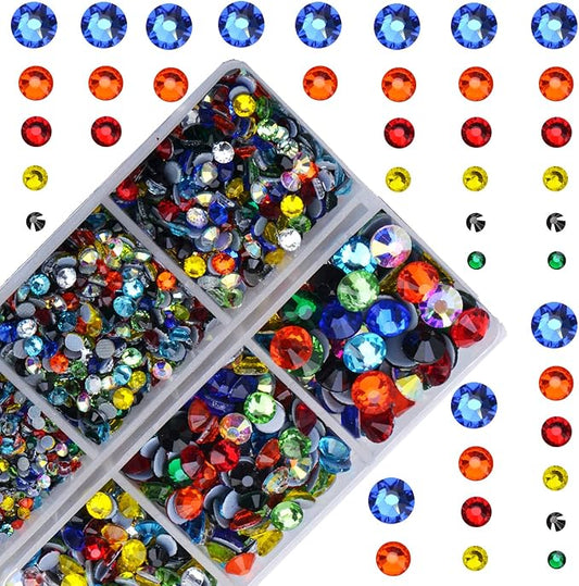 10000Pcs 2-Boxes Mixed Size Hot Fix Round Crystals Gems Glass Stones Hotfix Flat Back Rhinestones with Tweezers and Picking Pencil (Multi Color)