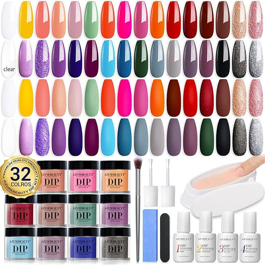 AZUREBEAUTY Dip Powder Nail Kit - 32 Colors, All Season Color Series Starter Kit - Dip System Essential Liquid, Recycling Tray Set for French Nail Art Manicure Salon DIY Home