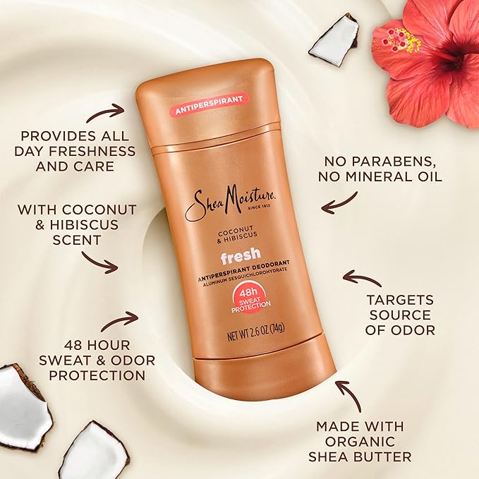 SheaMoisture Antiperspirant Deodorant Stick Fresh Coconut & Hibiscus 2 Count for 48HR Sweat & Odor Protection with No Parabens & No Mineral Oil 2.6 oz