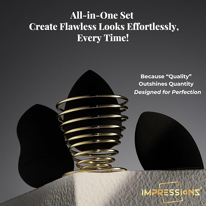 ImpressionZ 3 Pcs Makeup Sponge Set with Holder – Multi-Shape Beauty Makeup Sponges for Foundation, Cream, Liquid & Powder – Latex-Free Makeup Sponge Blender, Vegan & Cruelty-Free Sponge for Soft Skin