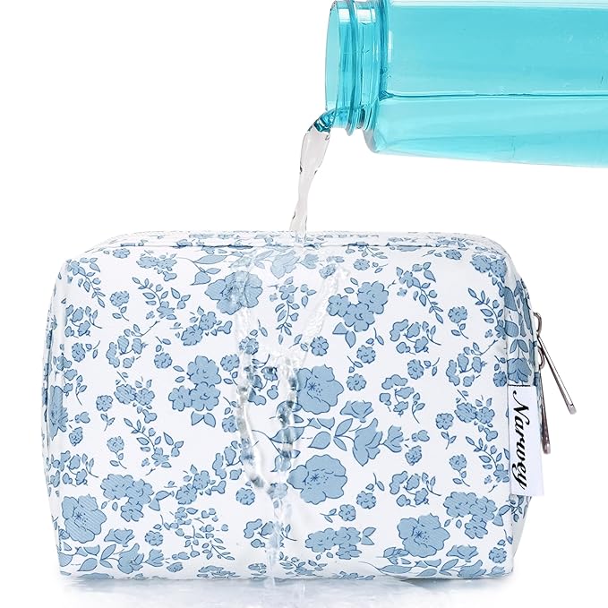 Narwey Small Cute Floral Makeup Bag for Purse Mini Cosmetic Bag Travel Makeup Pouch Zipper Pouch Cute Make up Bags with Compartments for Women Girls (Little Blue Flower, Small)