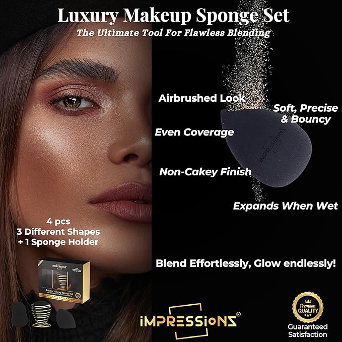 ImpressionZ 3 Pcs Makeup Sponge Set with Holder – Multi-Shape Beauty Makeup Sponges for Foundation, Cream, Liquid & Powder – Latex-Free Makeup Sponge Blender, Vegan & Cruelty-Free Sponge for Soft Skin