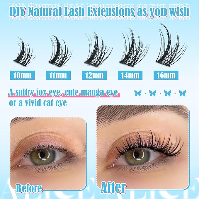 ALICE Natural Lash Clusters Kit Cluster Eyelash Extension Kit Left & Right Fluffy Wispy DIY Lash Extension Kit 144pcs 3D Anime C-Curly Eyelash Clusters Kit with Lash Glue Bond and Seal and Tweezers