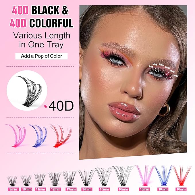 Pawotence Lash Extension Kit DIY Individual Lash Clusters Eyelash Extension Kit 9-16mm Lash Clusters Colored with Lash Bond and Seal, Lash Tweezers for Self Application (40D, 9-16mm, Color Kit)