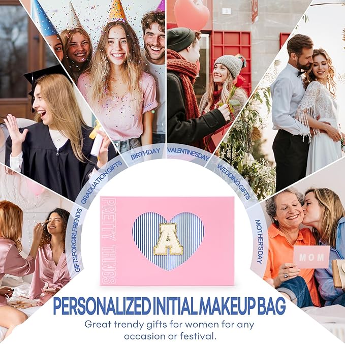 2 PCS Initial Makeup Bags for Women: Cosmetic Bag for Travel Toiletry - Birthday Gifts for 11 12 13 14 15 16 17 18 Years Old Girl Graduation Teacher Gift- Teen Girl Gifts Trendy Stuff - Blue A
