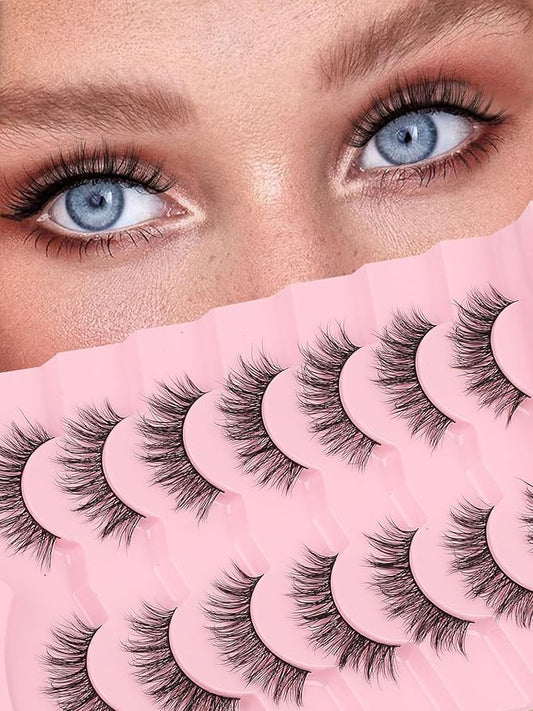 Natural Lashes False Eyelashes Wispy 16mm Fluffy Eyelash C Curl Weightless Lash Pack 0.1MM Thin Band 3D Volume Soft Lashes Siligli 7 Pair