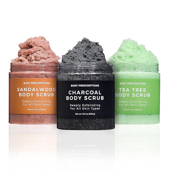 Body Prescription Deep Exfoliating Body Scrub - Cruelty-Free Formula for All Skin Types, 17.64 Ounce (Pack of 3), Tea Tree, Charcoal, Sandalwood