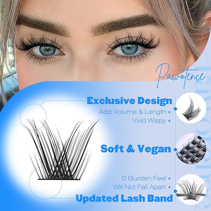 Pawotence Lash Clusters Wispy Eyelash Clusters 10-16mm Manga Individual Lashes Cluster Eyelash Extensions 168pcs Lash Extension DIY False Eyelashes Cluster Lashes with Soft Thin Band
