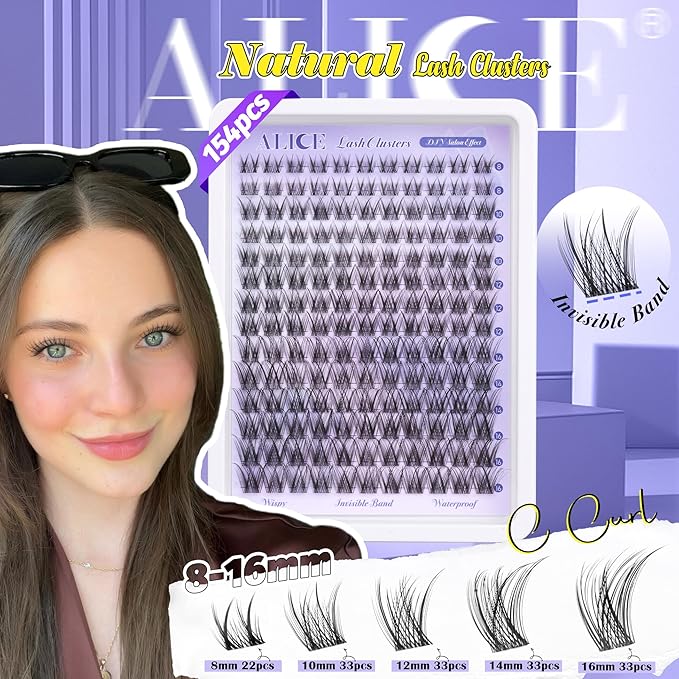 Natural Lash Clusters Wispy Cluster Eyelash Extensions Invisible Band Individual Lashes C-Curly DIY Lash Extension 8-16mm Waterproof Soft Cluster Lashes 168pcs by ALICE