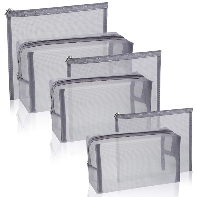 6 Pieces Mesh Makeup Bags Mesh Cosmetic Bag Portable Travel Organizing Zipper Pouch Toiletries Makeup Pouches for Home Office Travel Accessories (Gray)