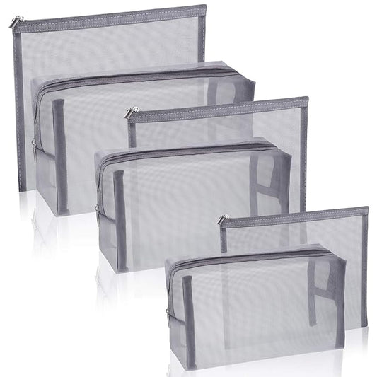 6 Pieces Mesh Makeup Bags Mesh Cosmetic Bag Portable Travel Organizing Zipper Pouch Toiletries Makeup Pouches for Home Office Travel Accessories (Gray)