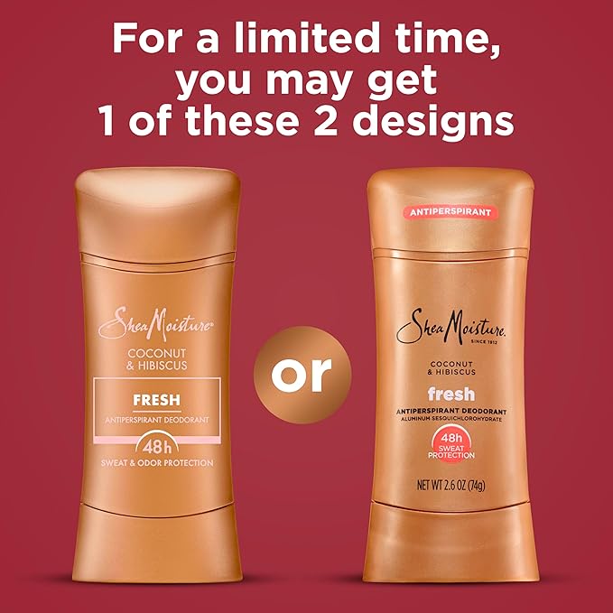 SheaMoisture Antiperspirant Deodorant Stick Fresh Coconut & Hibiscus 2 Count for 48HR Sweat & Odor Protection with No Parabens & No Mineral Oil 2.6 oz