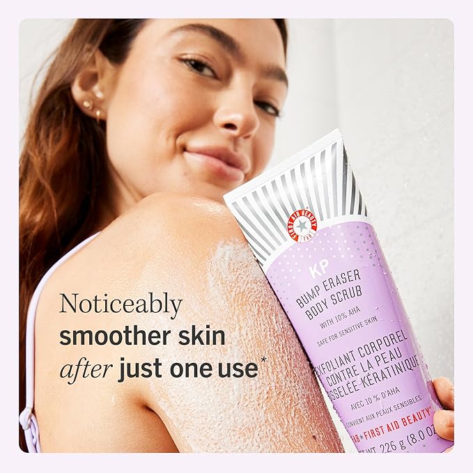 First Aid Beauty - KP Bump Eraser Body Scrub with 10% AHA, Keratosis Pilaris Skin Exfoliater with Glycolic and Lactic acids, Helps Reduce Chicken Skin Bumps, Safe for Sensitive Skin, 8 oz, 2ct