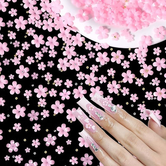 1000 Pcs Pink Colors Acrylic Flower Charms for Nails, Mix Sizes 3D Flowers Nail Charm, Flower Nail Art Charms with Caviar Beads, Blossom Spring Flowers Gems for Nails Art DIY