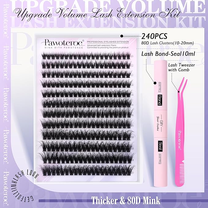 Lash Extension Kit Lash Clusters 80D Full DIY Cluster Eyelash Extension Kit 10-20mm Individual Lashes Mink with Lash Bond and Seal, Lash Tweezers for Self Application (Mink 80D,10-20mm, Kit)