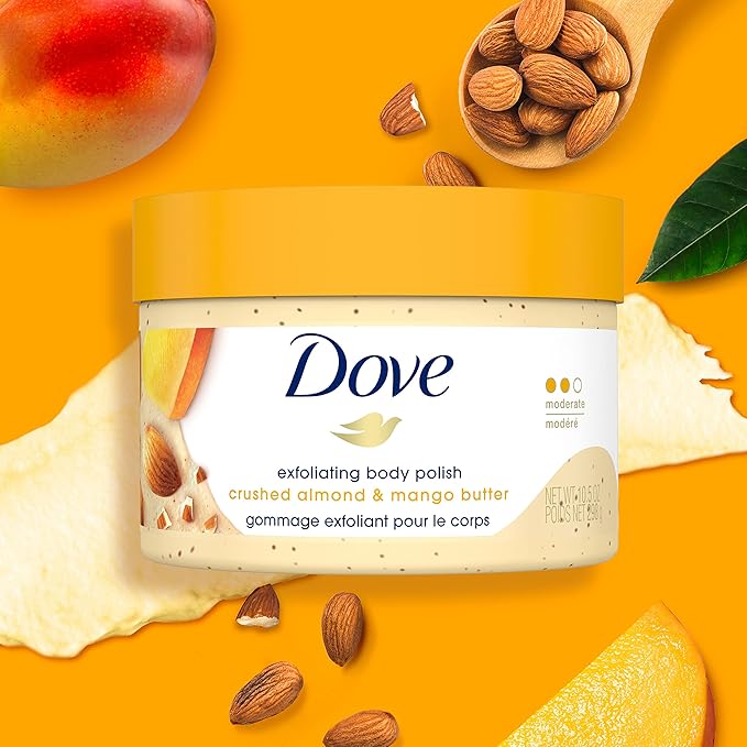 Dove Exfoliating Body Polish Body Scrub Crushed Almond and Mango Butter 4 Count Exfoliating Scrub for Dry Skin Gently Exfoliates to Reveal Healthy Skin 10.5 oz