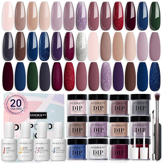 AZUREBEAUTY Dip Powder Nail Kit Starter 20 Colors Nude Brown Glitter Purple Blue Dipping Powder Liquid Set with Top/Base Coat Activator for French Nail Art Manicure DIY Salon Gifts for Women