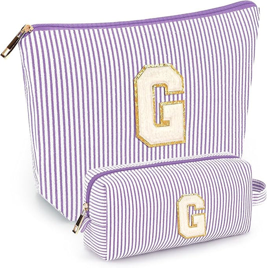 2 PCS Initial Makeup Bags for Women: Cosmetic Bag for Travel Toiletry - Birthday Gifts for 11 12 13 14 15 16 17 18 Years Old Girl Graduation Teacher Gift- Teen Girl Gifts Trendy Stuff - Purple G