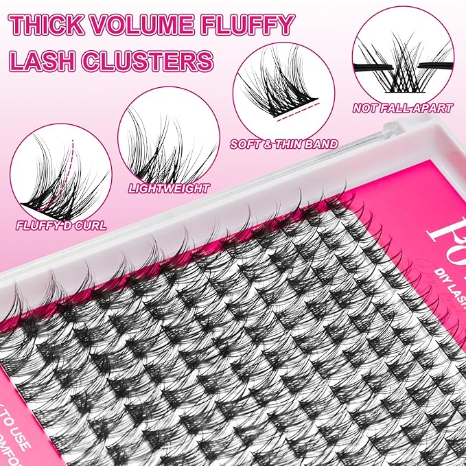 Lash Clusters Kit Fluffy Individual Lashes D Curl Cluster Eyelash Extensions 10-18mm DIY Lash Extension Kit Lash Bond and Seal Waterproof, Lash Applicator, Wispy-Kit