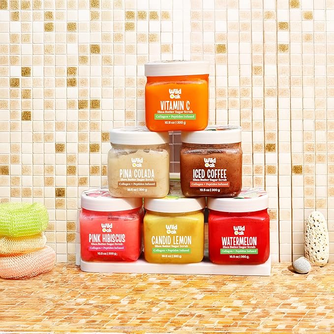 WildOak Vitamin C Shea Butter Sugar Body Scrub | With Collagen & Peptides | Tan Removal | Lightens Dark Area Like Neck & Elbows | Smoothen Bumpy Legs & Hands | Hydrating & Exfoliating Scrub | 10.58 oz