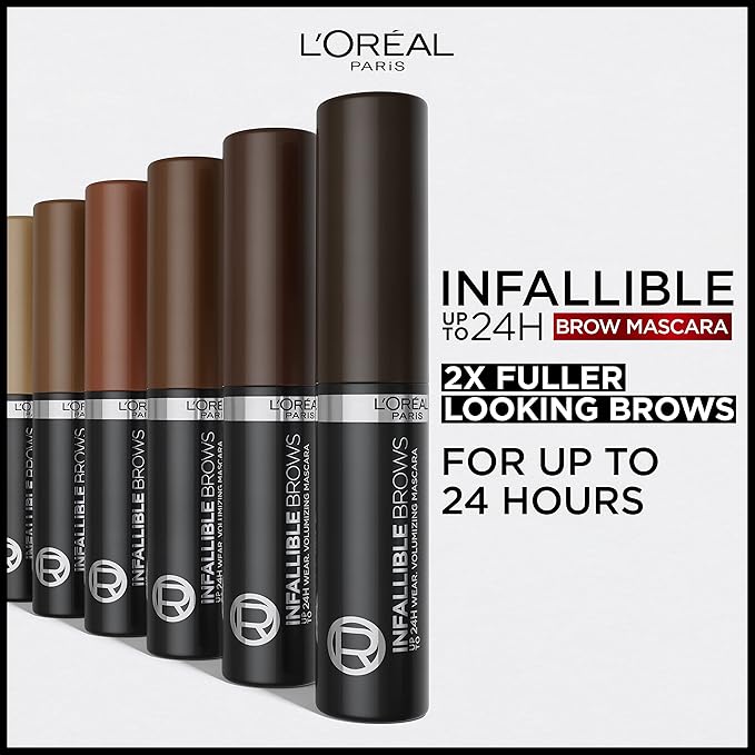 L'Oreal Paris Infallible Volumizing 24H Wear Brow Mascara, Long Lasting Eyebrow Makeup for 2X Fuller Eyebrows, 4.0 Dark Brunette, 0.13 Fl Oz