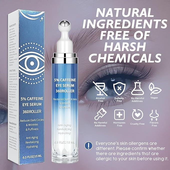 Eye Serum with 5% Caffeine & 5% Retinol – Under Eye Cream with Hyaluronic Acid, Niacinamide & Peptides for Dark Circles, Puffiness & Fine Lines – 360° Massage Roller Ball, 0.5 fl. oz