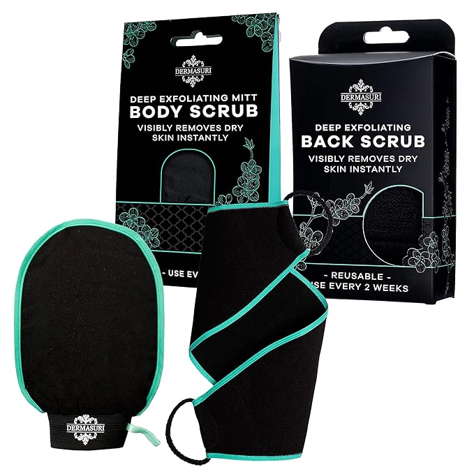 Dermasuri Deep Exfoliating Body Mitt & Back Scrub Bundle - Bath & Shower Body Scrubs, Cleansing & Full Body Exfoliation, Spa Exfoliator Glove, Dry Skin Remover, Skin Care Treatment for Women & Men