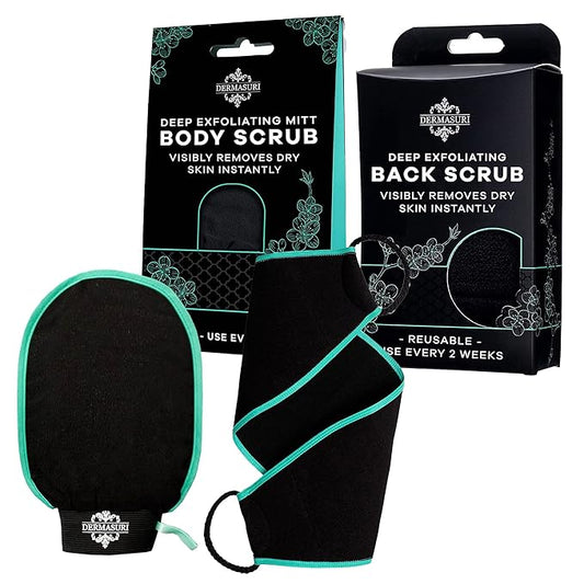 Dermasuri Deep Exfoliating Body Mitt & Back Scrub Bundle - Bath & Shower Body Scrubs, Cleansing & Full Body Exfoliation, Spa Exfoliator Glove, Dry Skin Remover, Skin Care Treatment for Women & Men