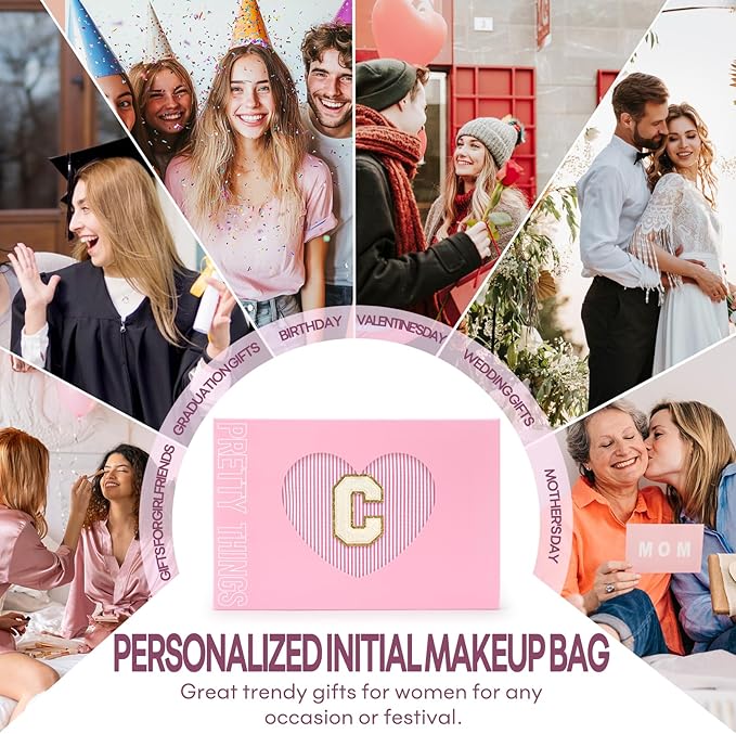 2 PCS Initial Makeup Bags for Women: Cosmetic Bag for Travel Toiletry - Birthday Gifts for 11 12 13 14 15 16 17 18 Years Old Girl Graduation Teacher Gift- Teen Girl Gifts Trendy Stuff - Pink C