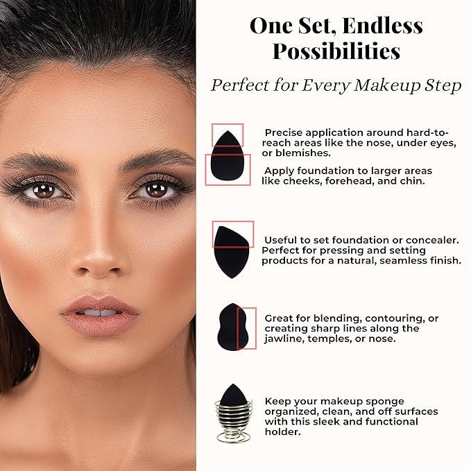 ImpressionZ 3 Pcs Makeup Sponge Set with Holder – Multi-Shape Beauty Makeup Sponges for Foundation, Cream, Liquid & Powder – Latex-Free Makeup Sponge Blender, Vegan & Cruelty-Free Sponge for Soft Skin