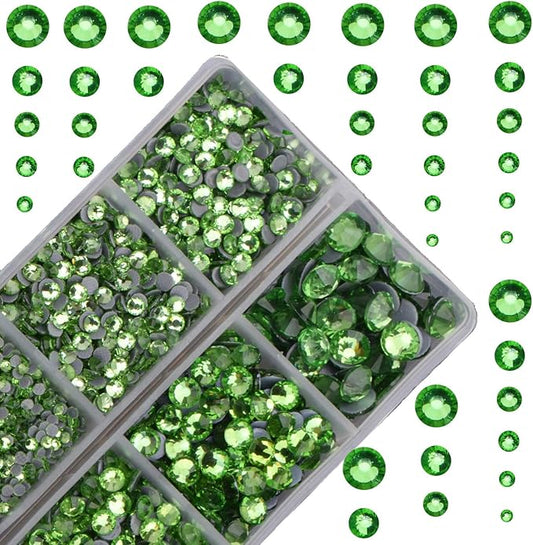 10000Pcs 2-Boxes Mixed Size Hot Fix Round Crystals Gems Glass Stones Hotfix Flat Back Rhinestones with Tweezers and Picking Pencil (Peridot)
